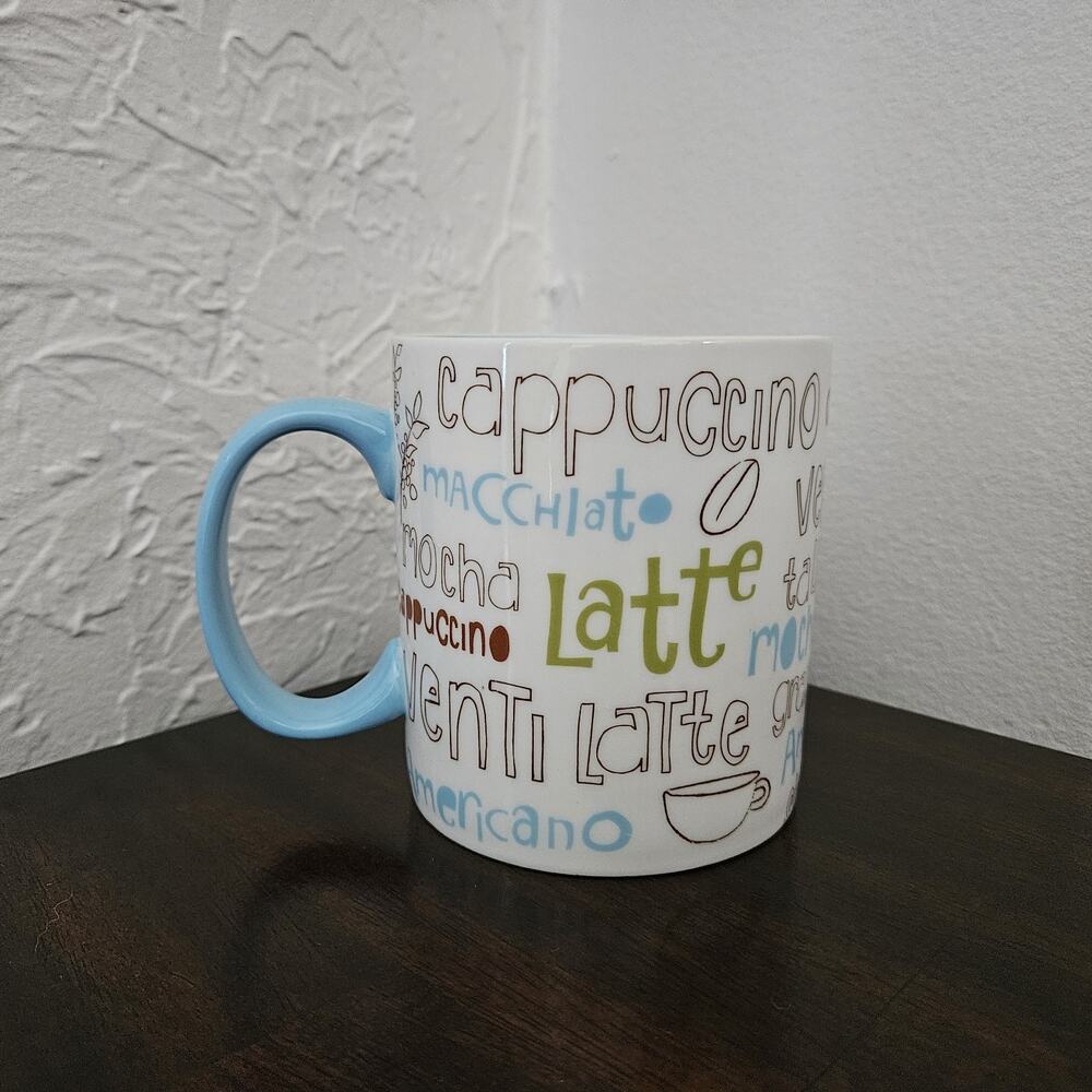 Starbucks 16oz Coffee Lingo Language 2007 Blue Coffee Cup Mug Latte Venti